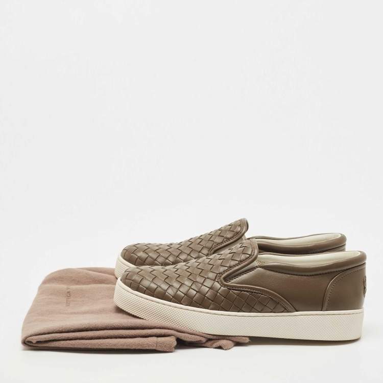 Pre Owned Bottega Veneta Dark Green Intrecciato Leather Dodger Slip on Sneakers Size 37