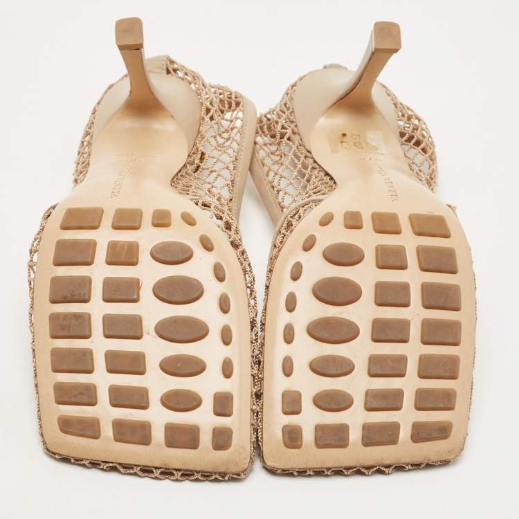 Pre Owned Bottega Veneta Beige Mesh and Leather Stretch Pumps Size 37.5