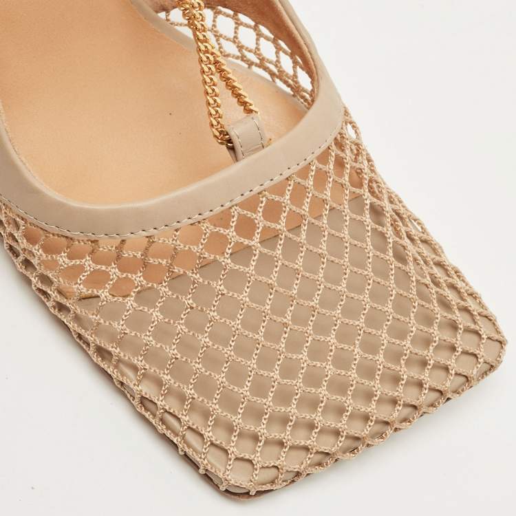 Pre Owned Bottega Veneta Beige Mesh and Leather Stretch Pumps Size 37.5
