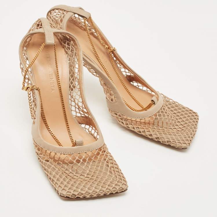 Pre Owned Bottega Veneta Beige Mesh and Leather Stretch Pumps Size 37.5