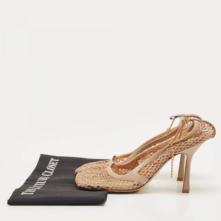 Pre Owned Bottega Veneta Beige Mesh and Leather Stretch Pumps Size 37.5