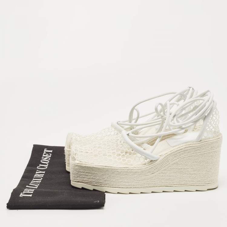 Pre Owned Bottega Veneta White Mesh and Leather Wedge Espadrilles Size 38