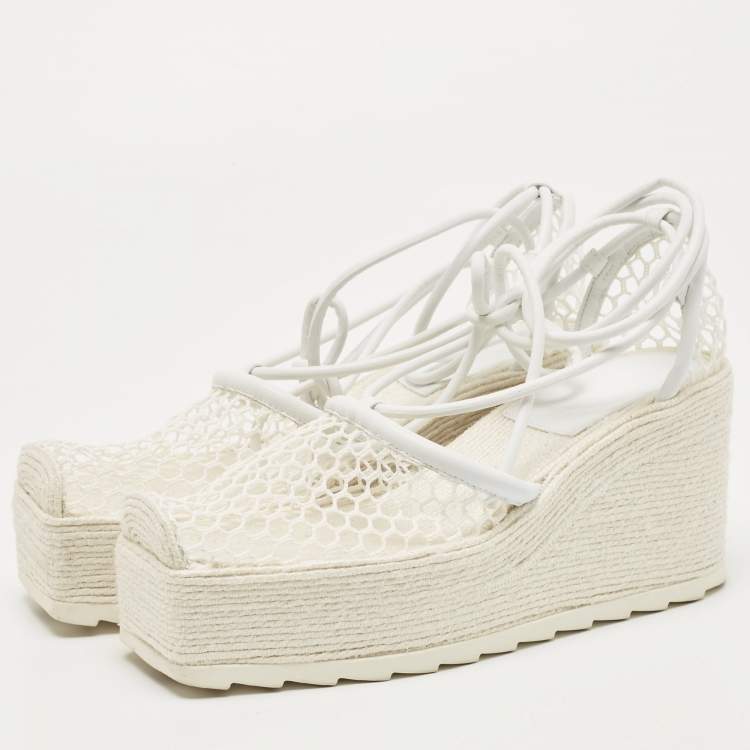 Pre Owned Bottega Veneta White Mesh and Leather Wedge Espadrilles Size 38
