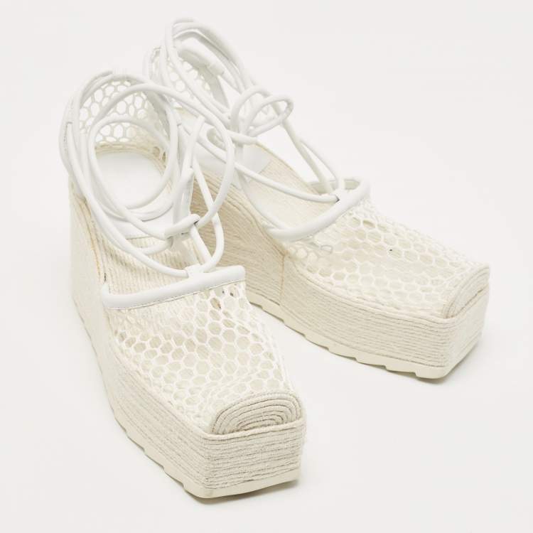 Pre Owned Bottega Veneta White Mesh and Leather Wedge Espadrilles Size 38