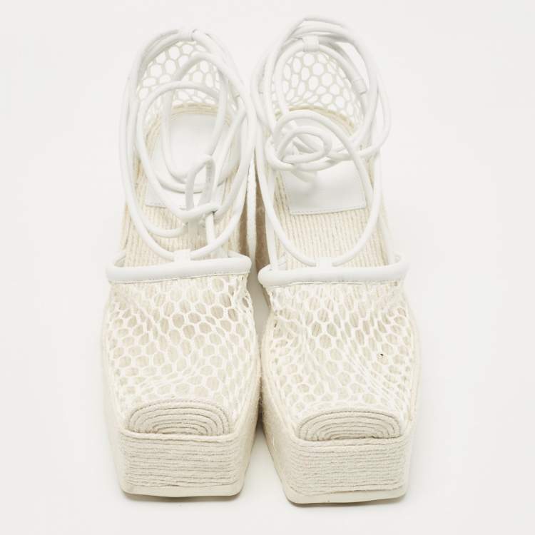 Pre Owned Bottega Veneta White Mesh and Leather Wedge Espadrilles Size 38