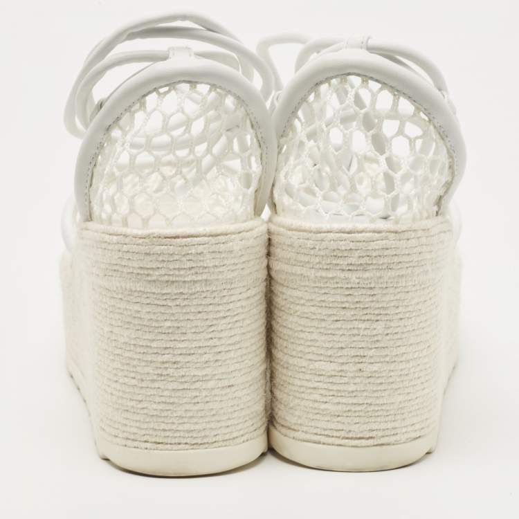 Pre Owned Bottega Veneta White Mesh and Leather Wedge Espadrilles Size 38
