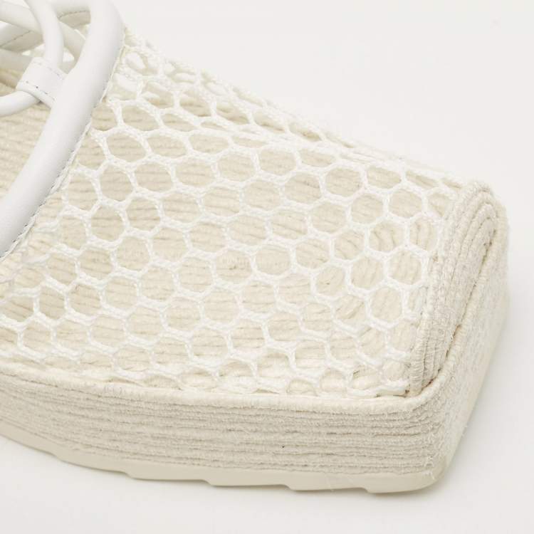 Pre Owned Bottega Veneta White Mesh and Leather Wedge Espadrilles Size 38