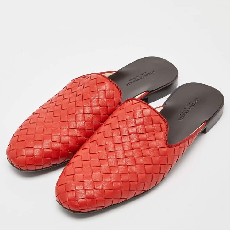 Pre Owned Bottega Veneta Orange Intrecciato Leather Fiandra Flat Mules Size 36.5