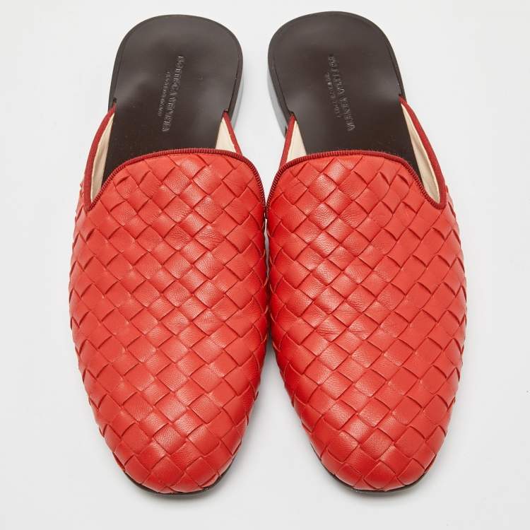 Pre Owned Bottega Veneta Orange Intrecciato Leather Fiandra Flat Mules Size 36.5
