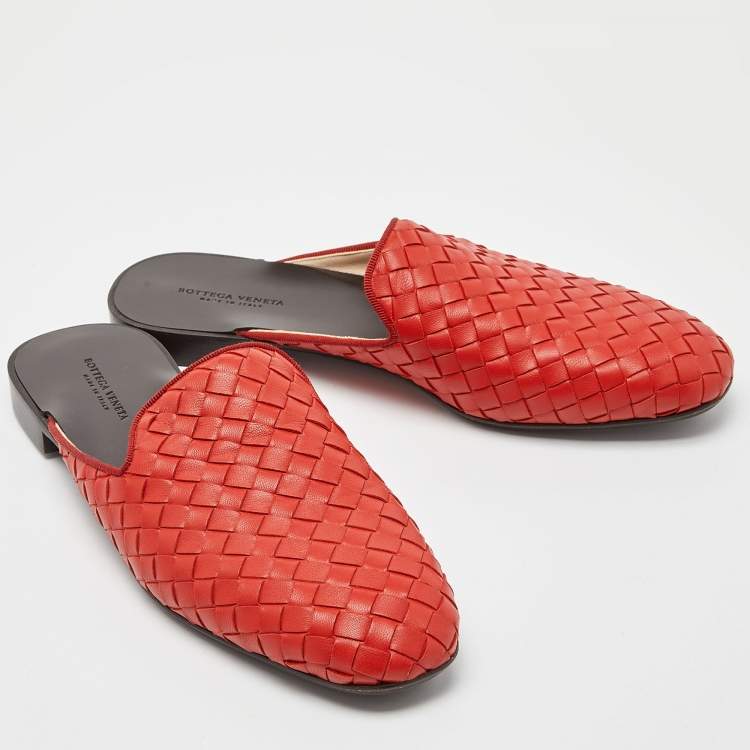 Pre Owned Bottega Veneta Orange Intrecciato Leather Fiandra Flat Mules Size 36.5