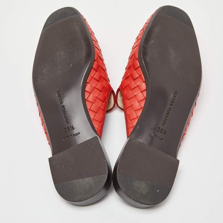 Pre Owned Bottega Veneta Orange Intrecciato Leather Fiandra Flat Mules Size 36.5
