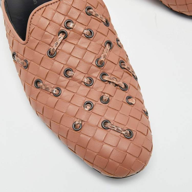 Pre Owned Bottega Veneta Pink Intrecciato Leather Fiandra Flat Mules Size 36.5