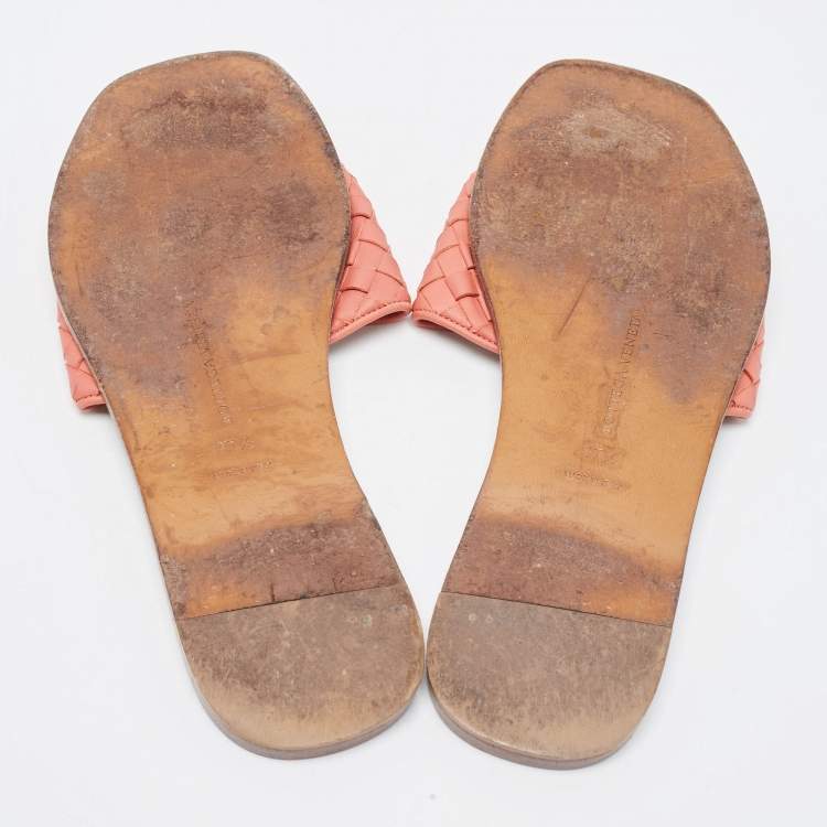Pre Owned Bottega Veneta Pink Leather Intrecciato Flat Slides Size 37.5