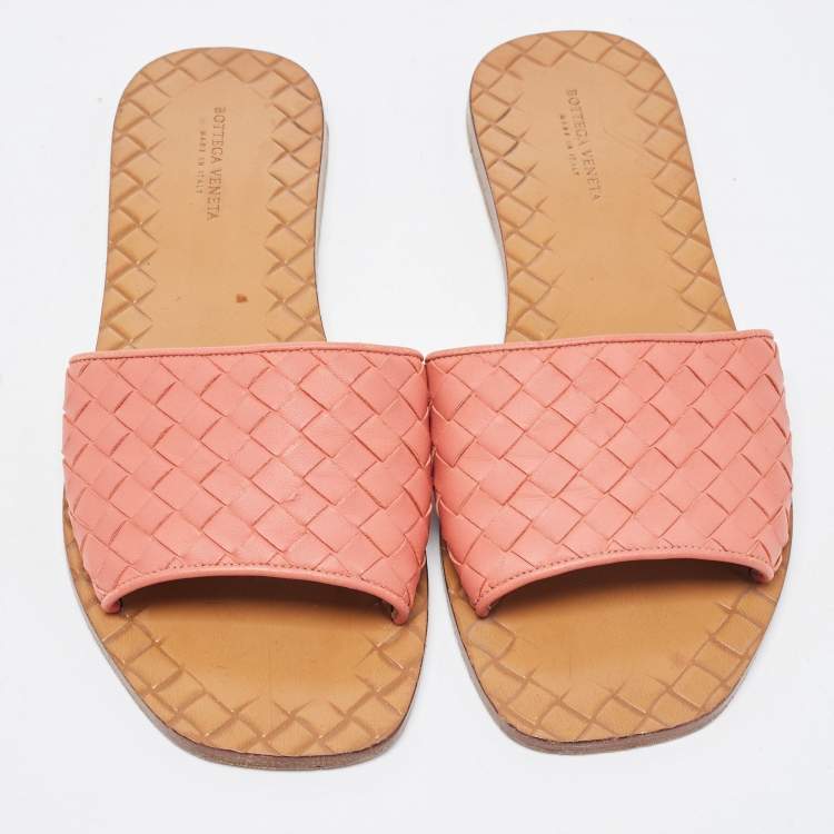 Pre Owned Bottega Veneta Pink Leather Intrecciato Flat Slides Size 37.5