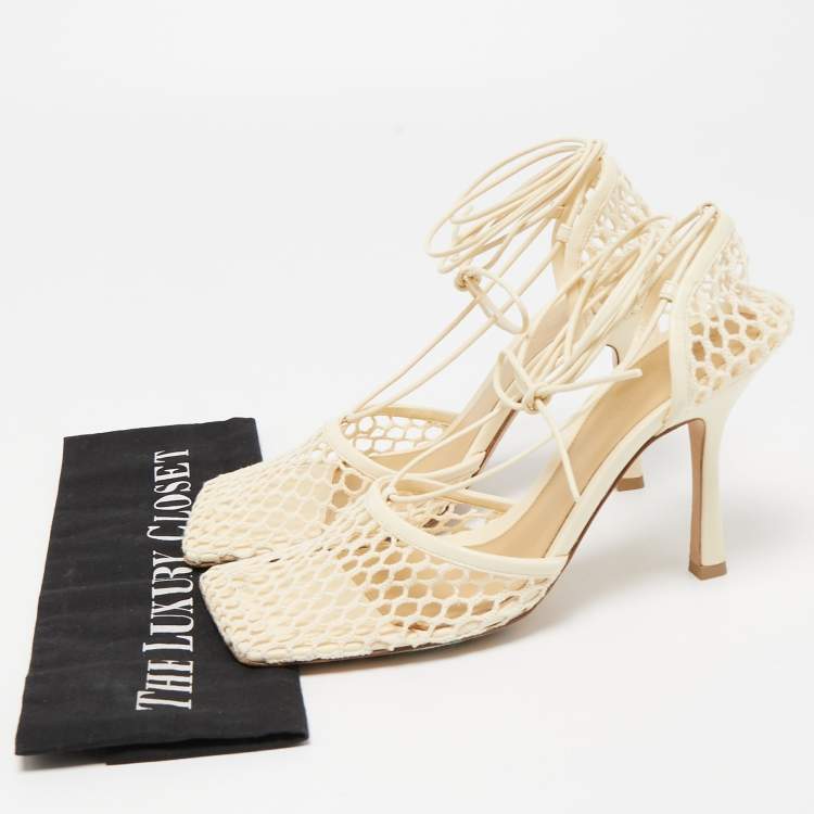 Pre Owned Bottega Veneta Cream Mesh and Leather Ankle Wrap Pumps Size 39.5 
