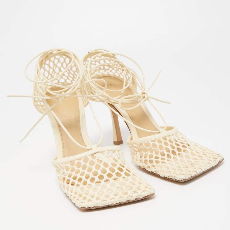 Pre Owned Bottega Veneta Cream Mesh and Leather Ankle Wrap Pumps Size 39.5 