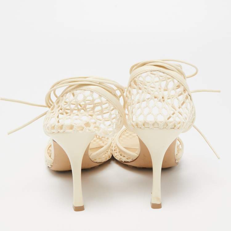 Pre Owned Bottega Veneta Cream Mesh and Leather Ankle Wrap Pumps Size 39.5 