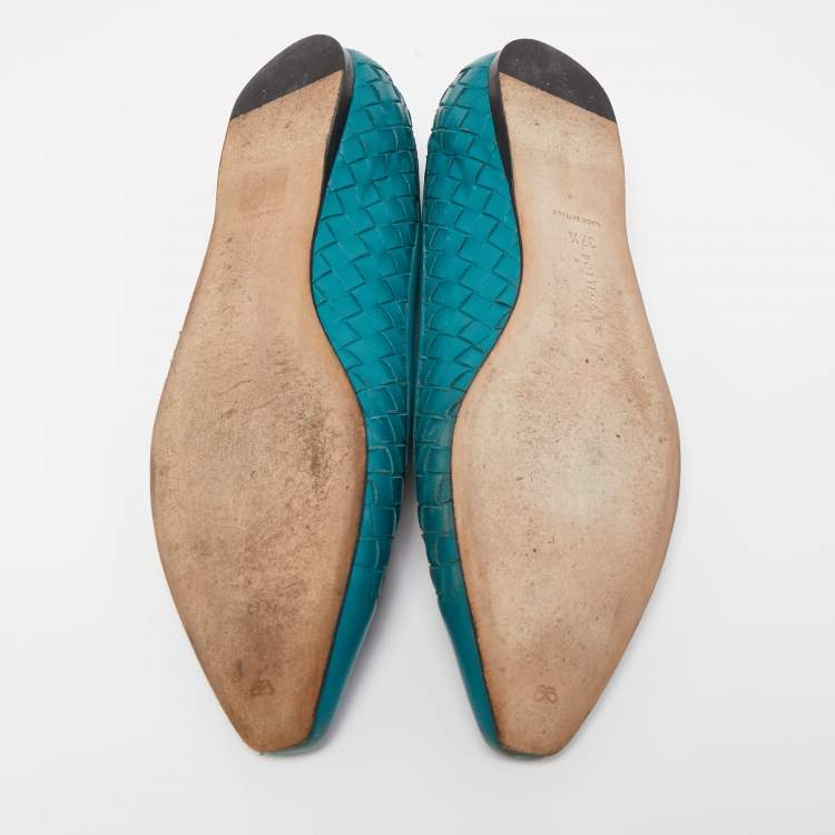 Pre Owned Bottega Veneta Green Intrecciato Leather Ballet Flats Size 37.5