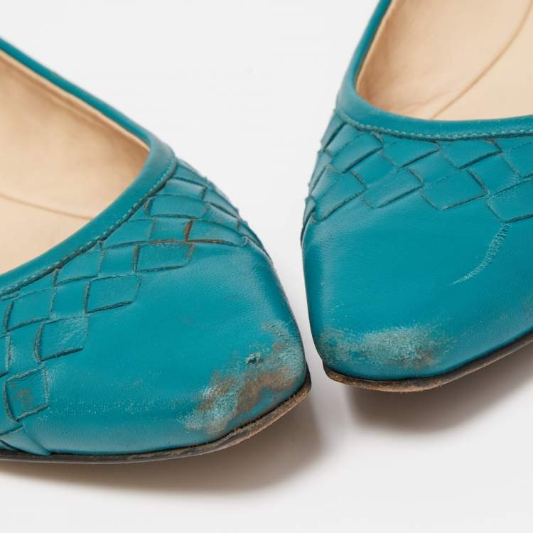 Pre Owned Bottega Veneta Green Intrecciato Leather Ballet Flats Size 37.5