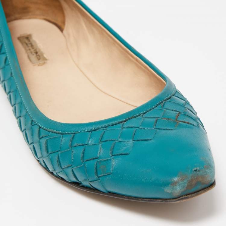 Pre Owned Bottega Veneta Green Intrecciato Leather Ballet Flats Size 37.5