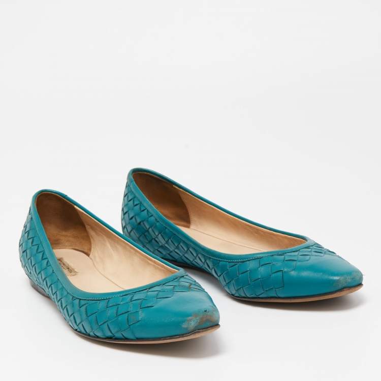 Pre Owned Bottega Veneta Green Intrecciato Leather Ballet Flats Size 37.5