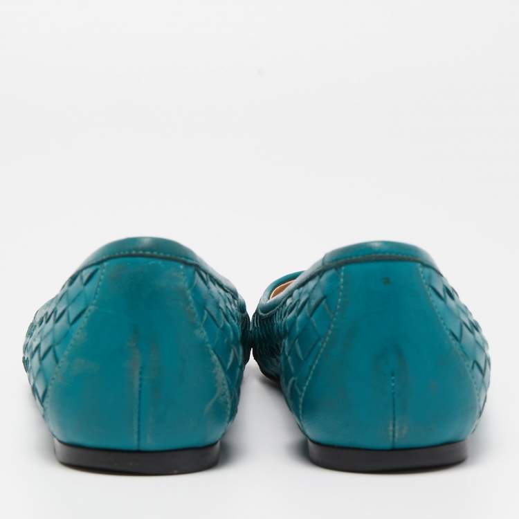 Pre Owned Bottega Veneta Green Intrecciato Leather Ballet Flats Size 37.5