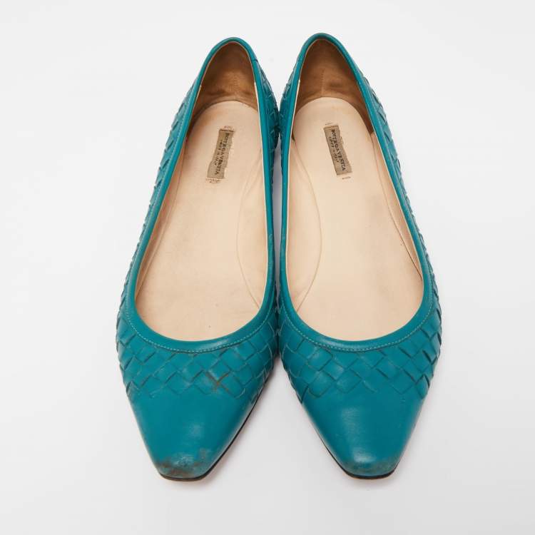 Pre Owned Bottega Veneta Green Intrecciato Leather Ballet Flats Size 37.5