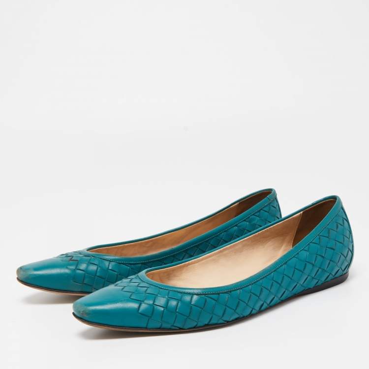 Pre Owned Bottega Veneta Green Intrecciato Leather Ballet Flats Size 37.5