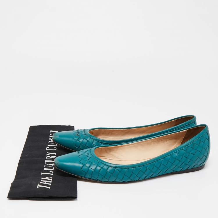 Pre Owned Bottega Veneta Green Intrecciato Leather Ballet Flats Size 37.5