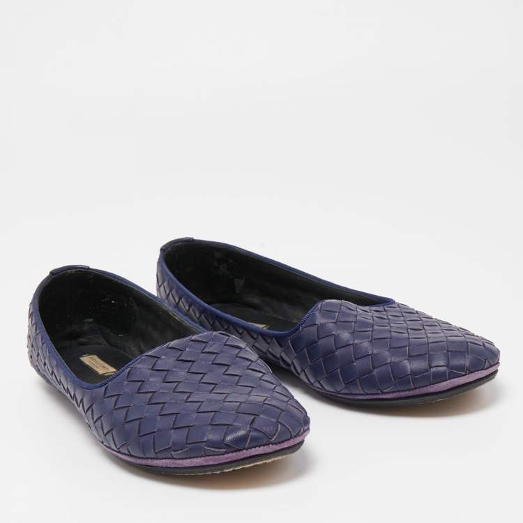 Pre Owned Bottega Veneta Navy Blue Intrecciato Leather Smoking Slippers Size 37