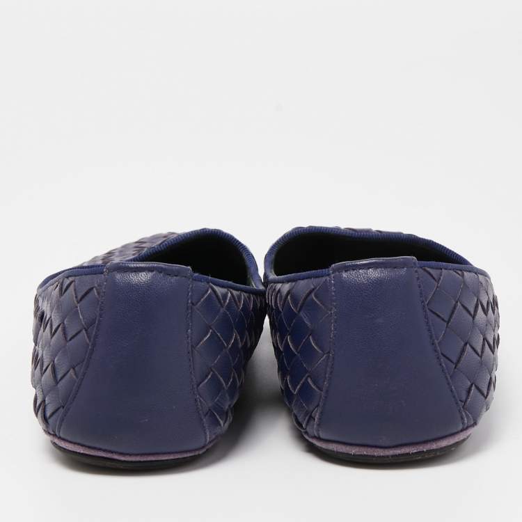 Pre Owned Bottega Veneta Navy Blue Intrecciato Leather Smoking Slippers Size 37