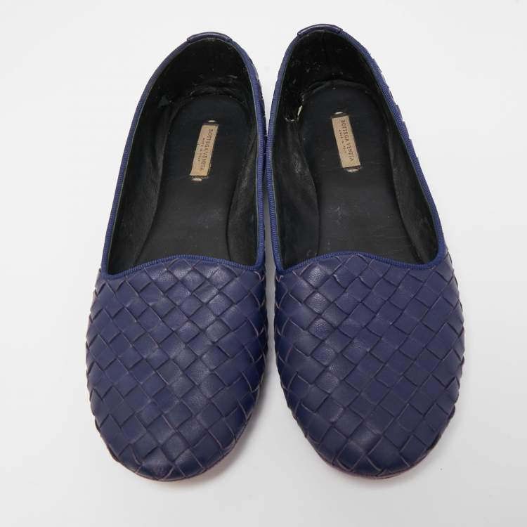 Pre Owned Bottega Veneta Navy Blue Intrecciato Leather Smoking Slippers Size 37