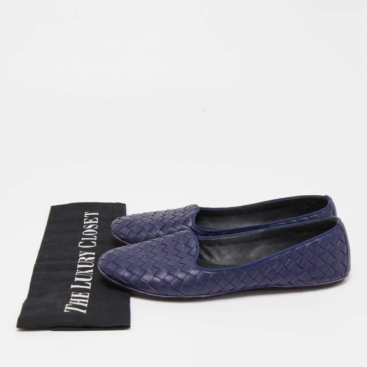 Pre Owned Bottega Veneta Navy Blue Intrecciato Leather Smoking Slippers Size 37