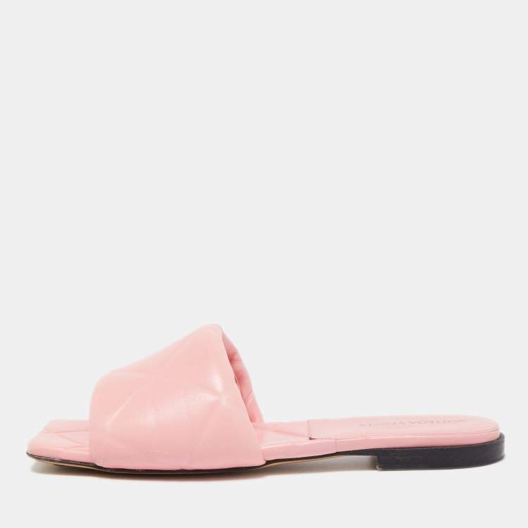 Pre Owned Bottega Veneta Pink Quilted Leather Lido Flat Slides Size 38