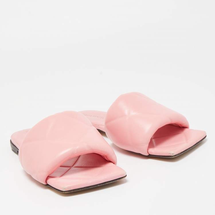 Pre Owned Bottega Veneta Pink Quilted Leather Lido Flat Slides Size 38