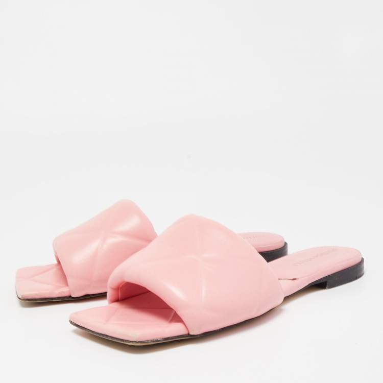 Pre Owned Bottega Veneta Pink Quilted Leather Lido Flat Slides Size 38