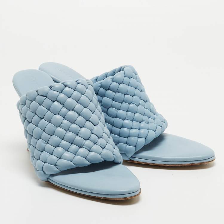Pre Owned Bottega Veneta Blue Woven Leather Mules Size 41