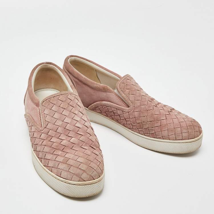 Pre Owned Bottega Veneta Pink Intrecciato Suede Dodger Slip On Sneakers Size 38.5