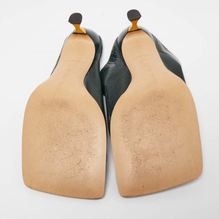 Pre Owned Bottega Veneta Green Leather Stretch Square Toe Kitten Heel Mules Size 36.5