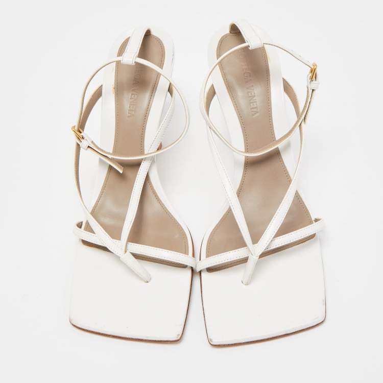 Pre Owned Bottega Veneta White Leather Stretch Ankle Strap Sandals Size 38