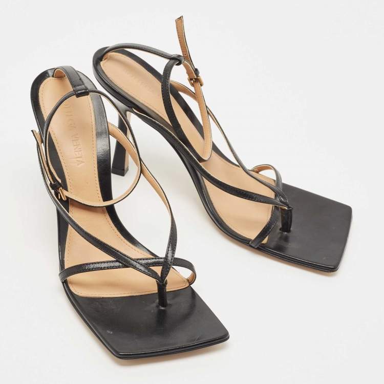 Pre Owned Bottega Veneta Black Leather Stretch Square Ankle Strap Sandals Size 38
