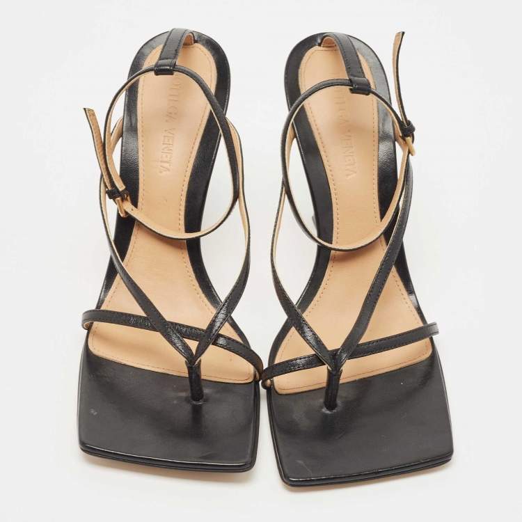 Pre Owned Bottega Veneta Black Leather Stretch Square Ankle Strap Sandals Size 38