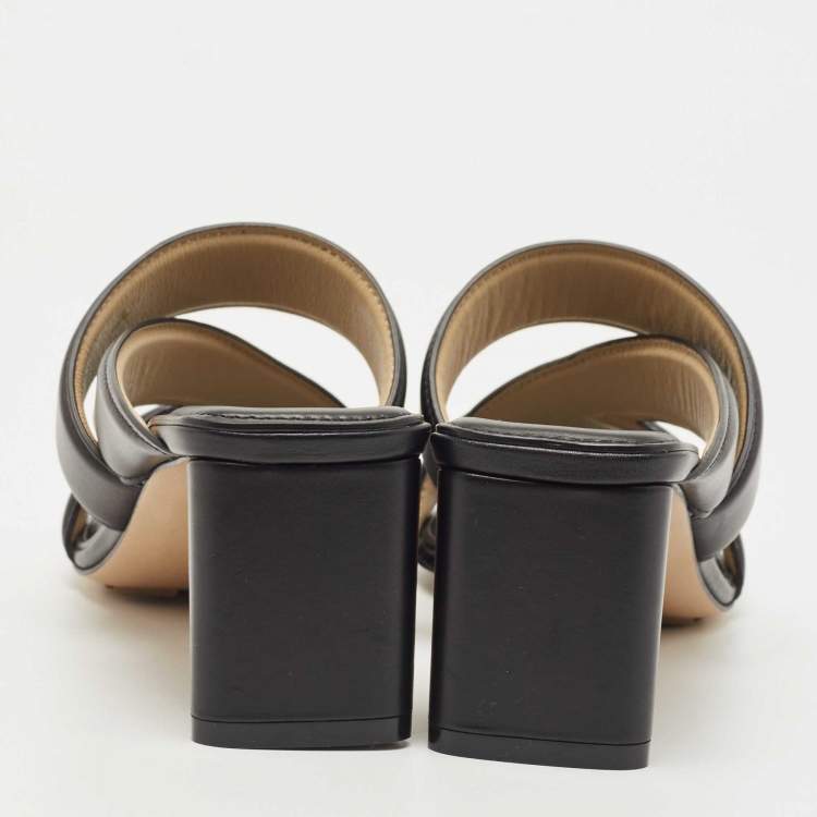 Pre Owned Bottega Veneta Black Leather Block Heel Slide Sandals Size 39