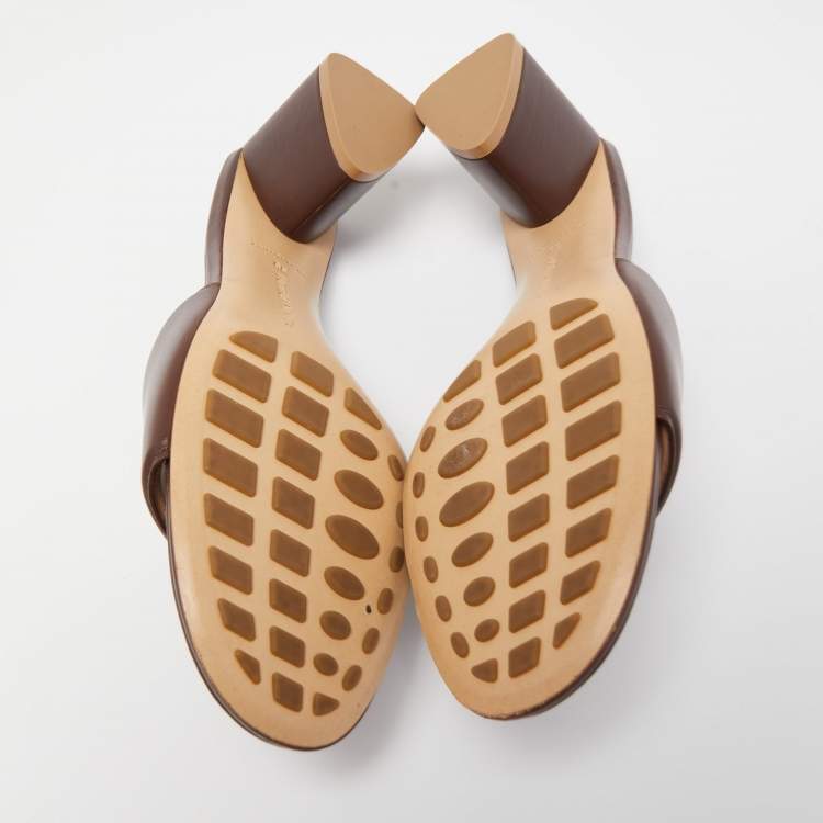 Pre Owned Bottega Veneta Brown Leather Block Heel Slides Sandals Size 39