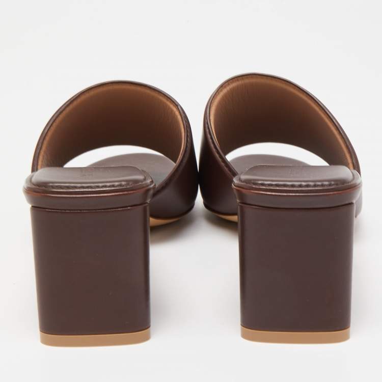 Pre Owned Bottega Veneta Brown Leather Block Heel Slides Sandals Size 39