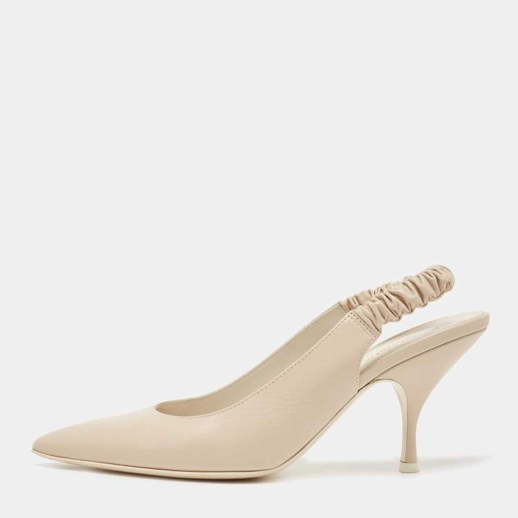 Pre Owned Bottega Veneta Cream Leather Slingback Pumps Size 37.5
