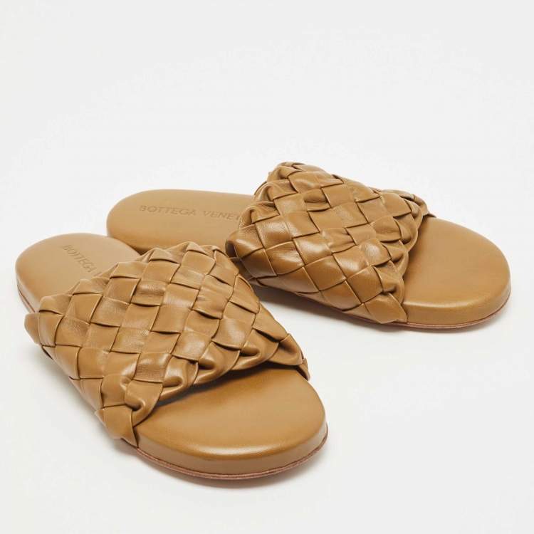 Pre Owned Bottega Veneta Olive Green Leather Slides Size 38