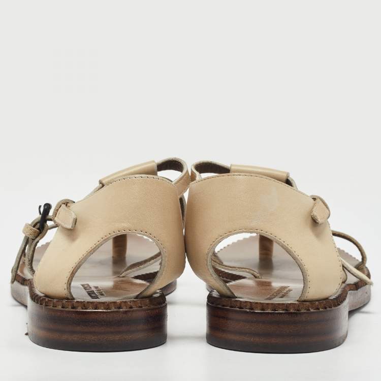 Pre Owned Bottega Veneta Cream Leather Ankle Strap Flat Sandals Size 37
