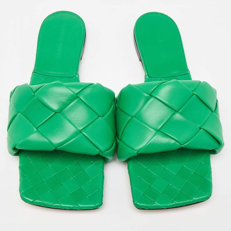 Pre Owned Bottega Veneta Green Intrecciato Leather Lido Slide Flats Size 42