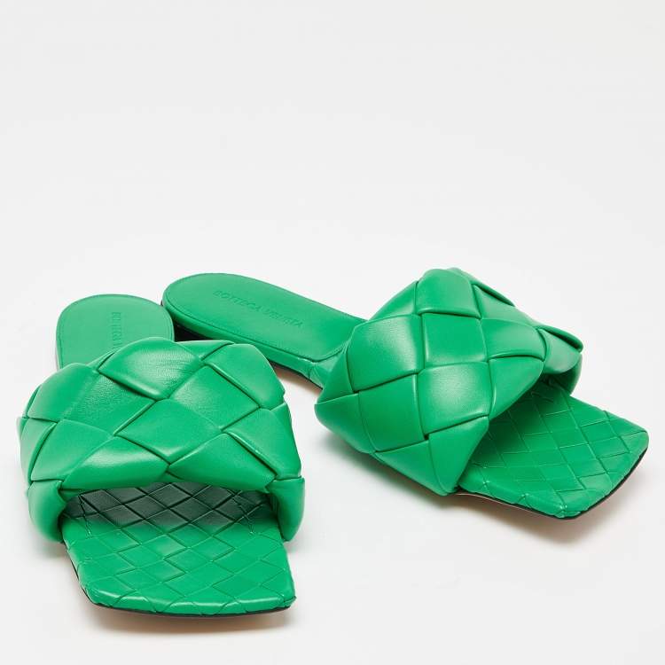 Pre Owned Bottega Veneta Green Intrecciato Leather Lido Slide Flats Size 42